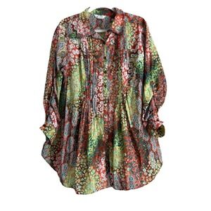 S.L.B. Woman 1X Tunic Top Button‎ Up Floral Daisies Boho Hippie Roll Tab Sleeves